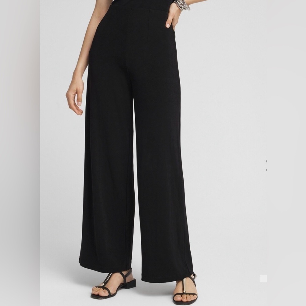 Chico’s Black Wide Leg Dress Pants Slinky Liquid Fluid Flowy Knit Palazzo 2